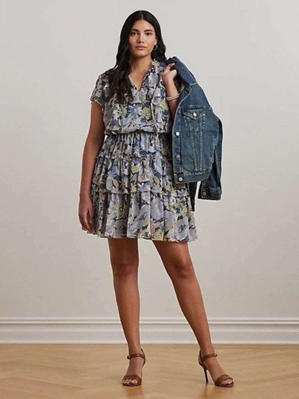 $185 Lauren Ralph Lauren Floral Ruffle-Trim Georgette Dress Blue Size 20W